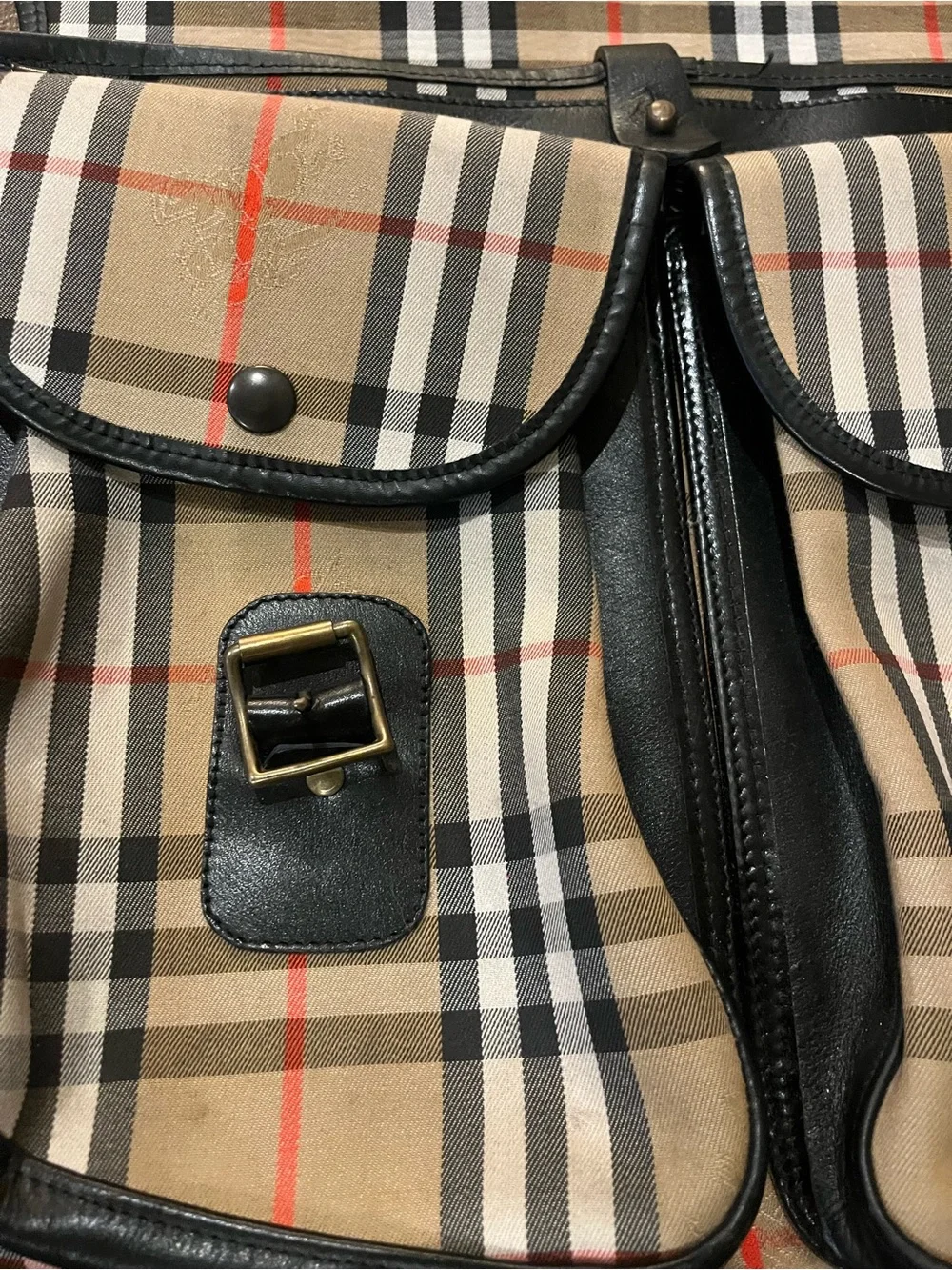 Vintage Burberrys Unisex Classic Plaid Messenger Bag - Beige with Black Trim